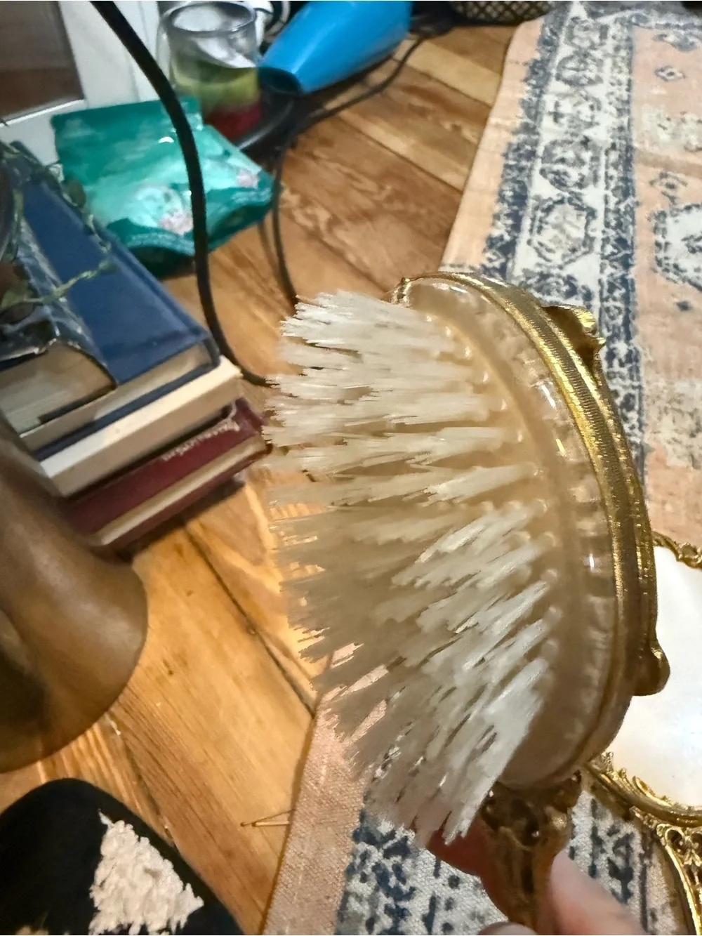 Vintage Hollywood regency ornate Gold Hand Mirror and Brush Set